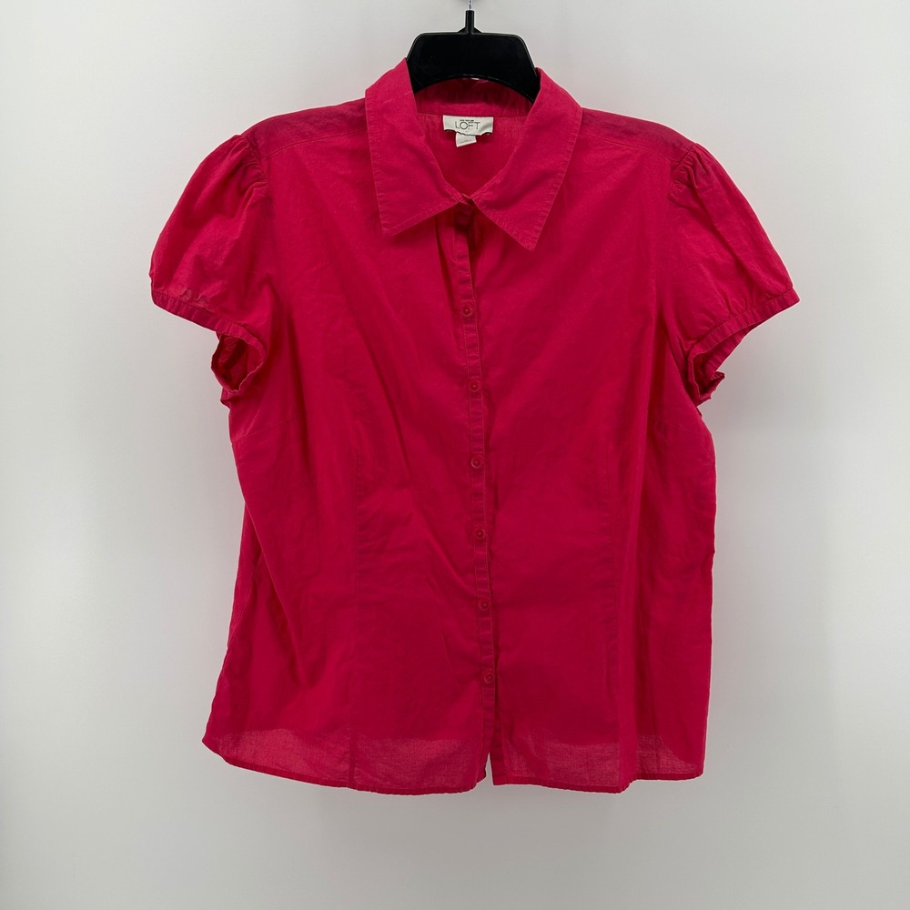 Ann Taylor LOFT Pink Cotton Puff Short Sleeve Button Up Shirt 16 Preppy‎ Office